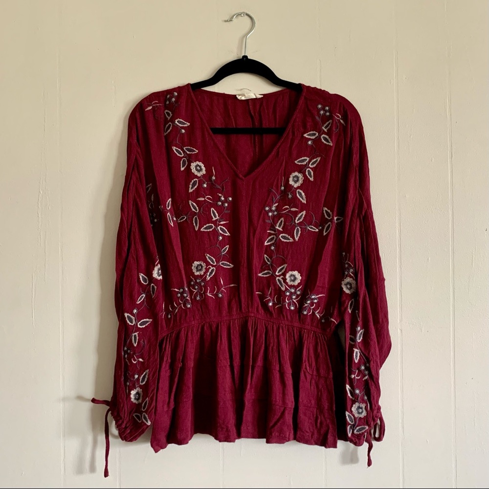 entro Burgundy Floral Embroidered Peasant Blouse